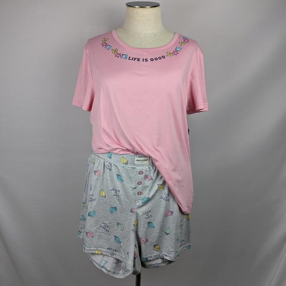 Life Is Good Seashells Starfish PJ Set Short Sleeve Top Shorts Pink Grey L NWT - Picture 9 of 11
